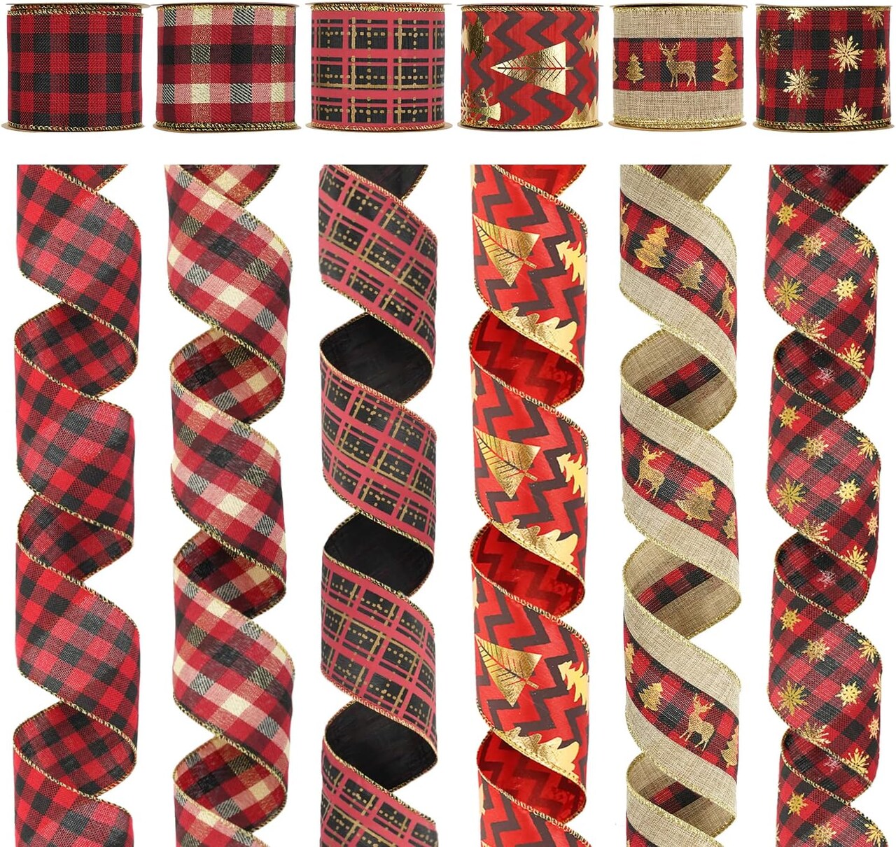 Red and Black Plaid Ribbon with Gold Foil Wired Buffalo Plaid Ribbon for Christmas Tree 2.5 Inch 6 Rolls 36 Yards Black and Red Ribbon Buffalo Plaid Christmas Tree Ribbon Garland